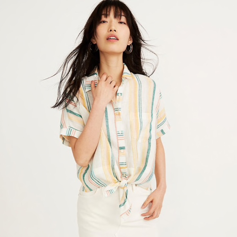 Madewell Stripe Linen Tie Front Shirt
